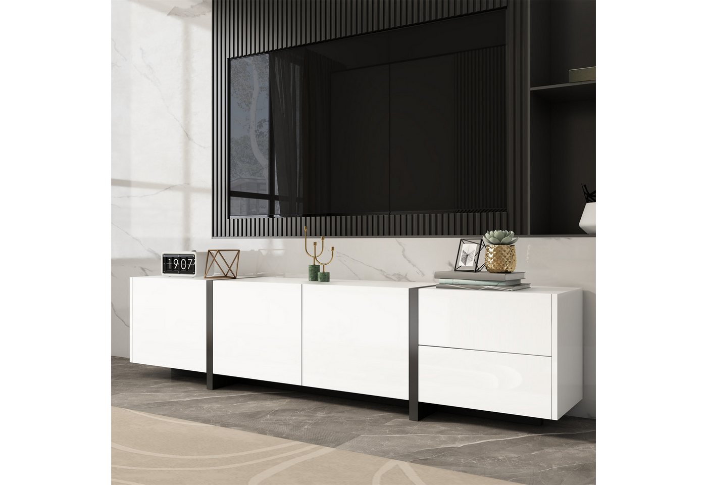 STILVORA Lowboard mit LED-Lichtleiste,TV-Schrank Fernsehschrank mit Schublade&Klapptüren (TV-Panel, Fernsehtisch, 1 St., 170*30*39cm), weißer und schwarz abgesetzte Tischbeine von STILVORA