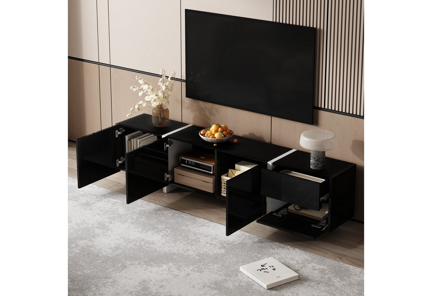 STILVORA Lowboard mit LED-Lichtleiste,TV-Schrank Fernsehschrank mit Schublade&Klapptüren (TV-Panel, Fernsehtisch, 1 St., 170*30*39cm), weißer und schwarz abgesetzte Tischbeine von STILVORA