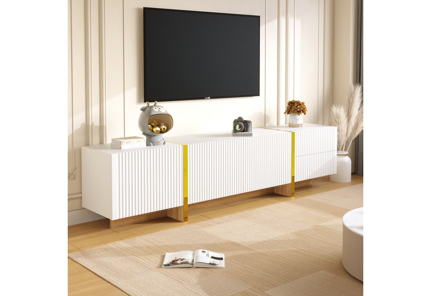 STILVORA Lowboard mit Schubladen,TV-Schrank Fernsehschrank mit 3 Türen,Gold+Weiß (TV-Board,Fernsehtisch scandi, 1 St., mit 2 Schubladen und 3 Türen), mit Gold und Holzmaserung von STILVORA