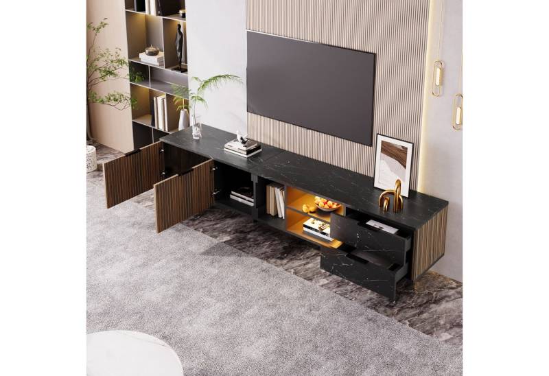 STILVORA Lowboard mit Schubladen,TV-Schrank Fernsehschrank mit LED&Glasboden,Schwarz (Fernsehtisch,TV-Ständer, 1 St., 2 Türen, 2 Schubladen und 3 offene Fächer), mit dunklen Holzmasertüren, verstellbarer LED-Beleuchtung von STILVORA