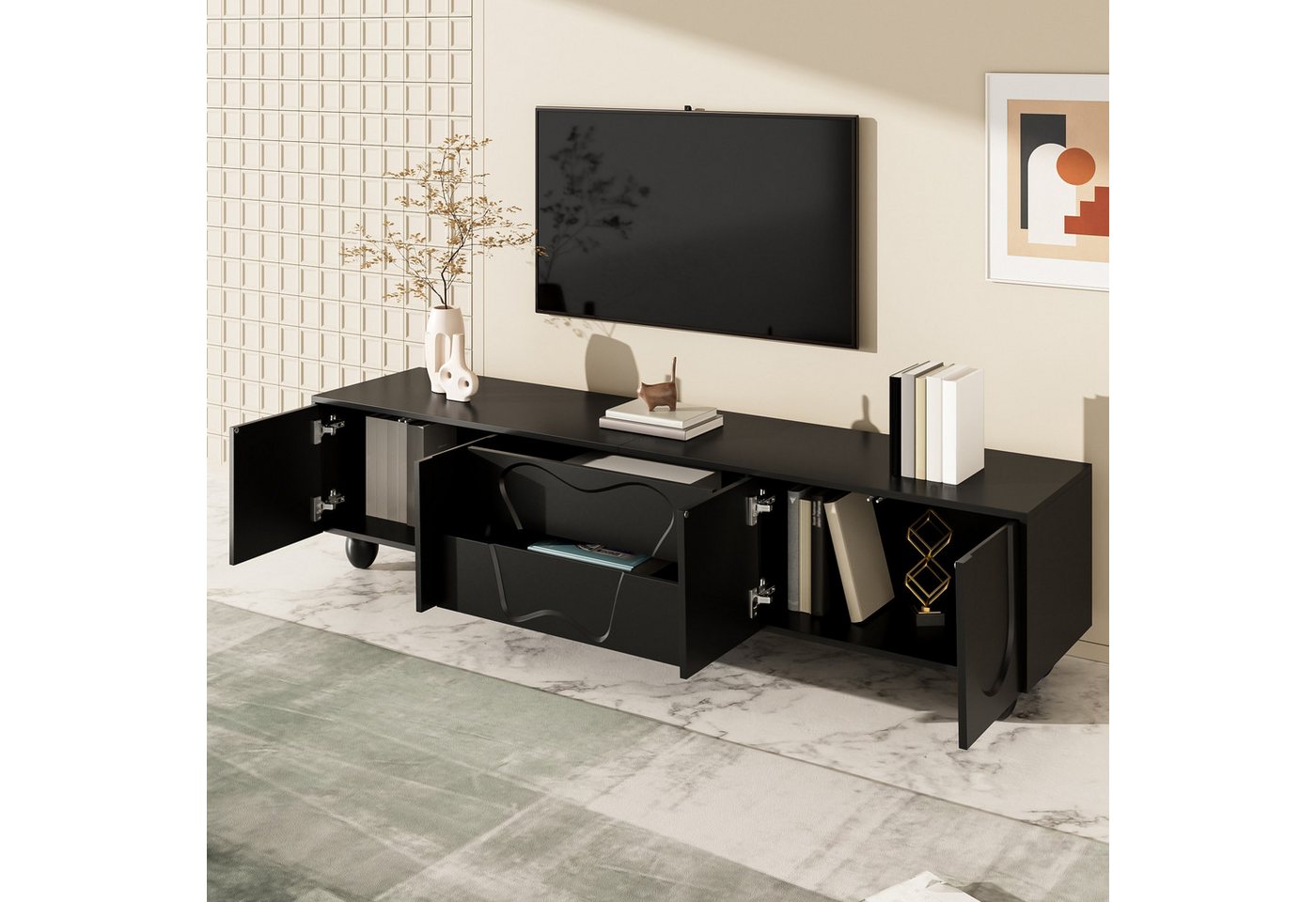 STILVORA Lowboard mit Schubladen,TV-Schrank Fernsehschrank mit runden Holzbeine,Schwarz von STILVORA