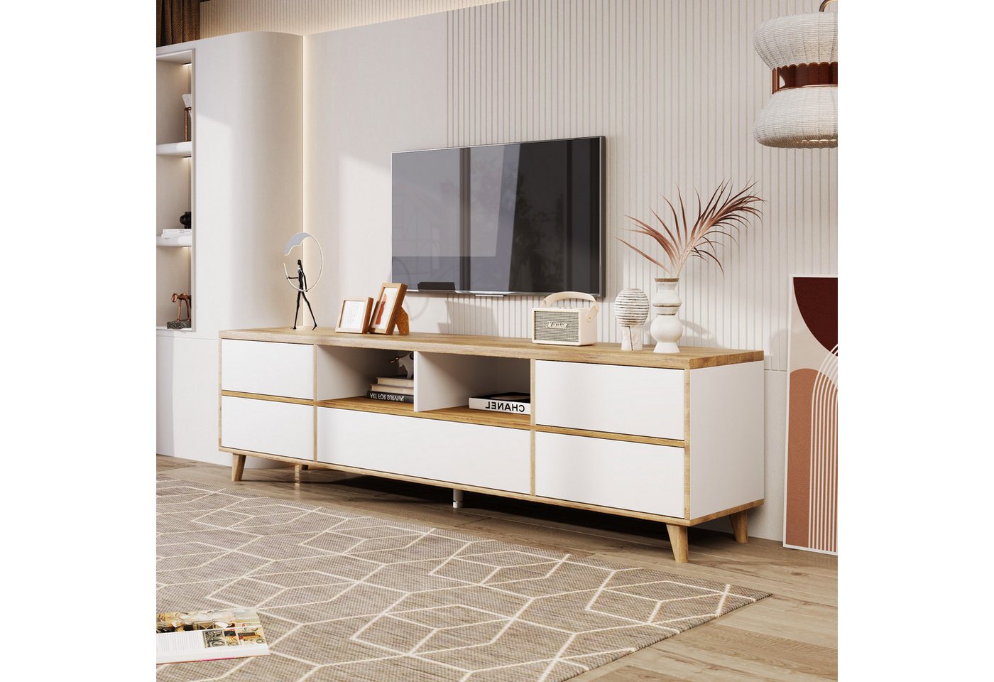 STILVORA Lowboard mit Staufächern,TV-Schrank Fernsehschrank mit Klapptüren,Natur (Fächern und Türen im natürlichen Landhausstil), Wohnzimmermöbel in Weiß und Holzfarben von STILVORA