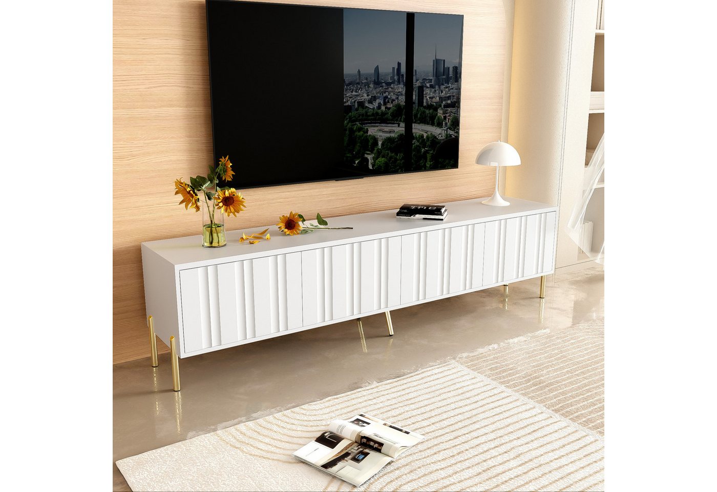 STILVORA Lowboard mit goldene Tischbeine,TV-Schrank Fernsehschrank mit gerilltes Tür (TV-Board, Fernsehtisch mit Metallfüße, 1 St., 4 Türen), mit Gedämpfte Scharniere, Großer Stauraum von STILVORA