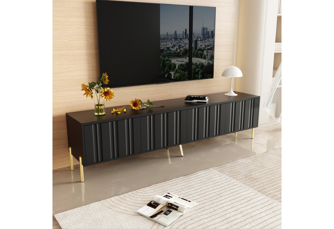 STILVORA Lowboard mit goldene Tischbeine,TV-Schrank Fernsehschrank mit gerilltes Tür (TV-Board, Fernsehtisch mit Metallfüße, 1 St., 4 Türen), mit Gedämpfte Scharniere, Großer Stauraum von STILVORA