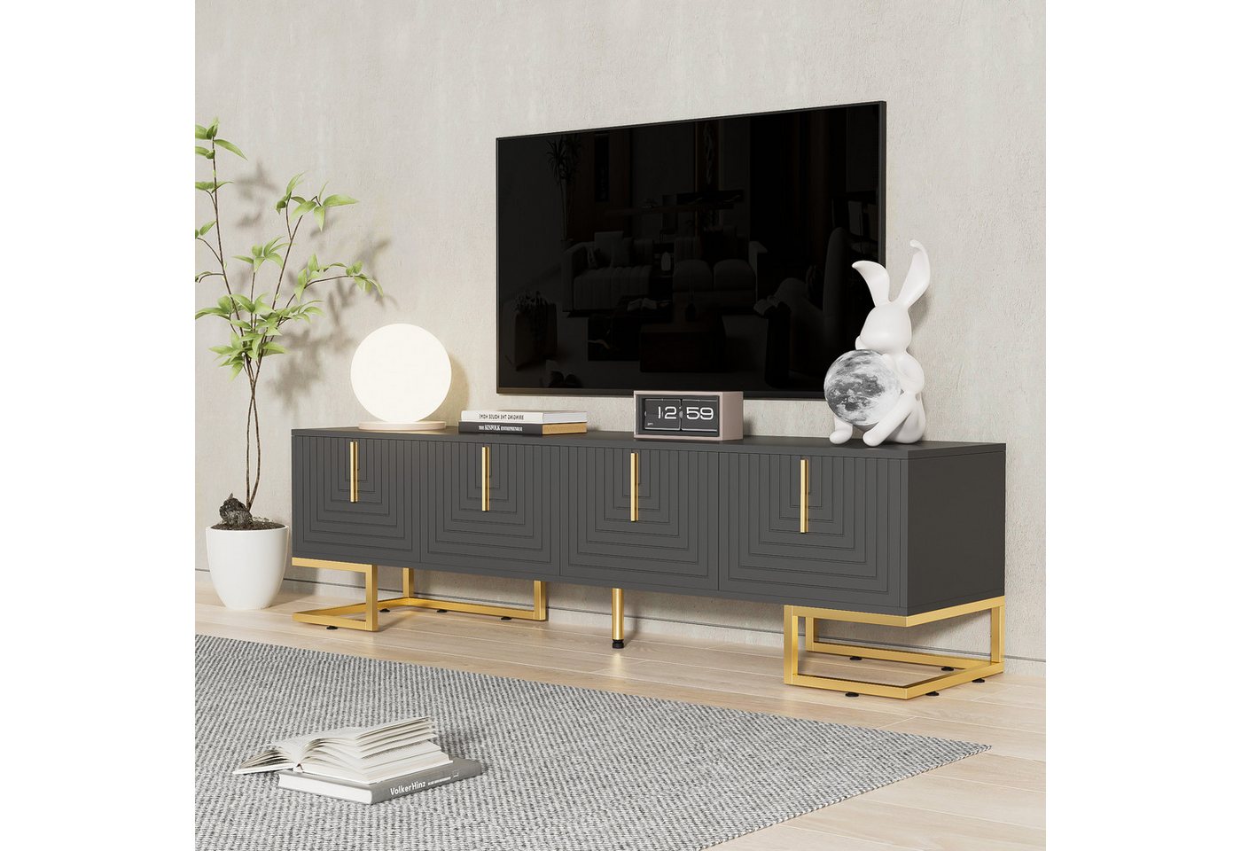 STILVORA Lowboard mit strukturierten Türen,TV-Schrank TV-Möbel mit goldene Beine (Fernsehtisch, TV Board, 1 St., 4 Türen), mit goldenen Füße und Griffe aus Metall,170*40*45,5cm von STILVORA