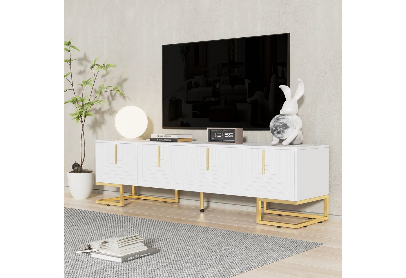 STILVORA Lowboard mit strukturierten Türen,TV-Schrank TV-Möbel mit goldene Beine (Fernsehtisch, TV Board, 1 St., 4 Türen), mit goldenen Füße und Griffe aus Metall,170*40*45,5cm von STILVORA