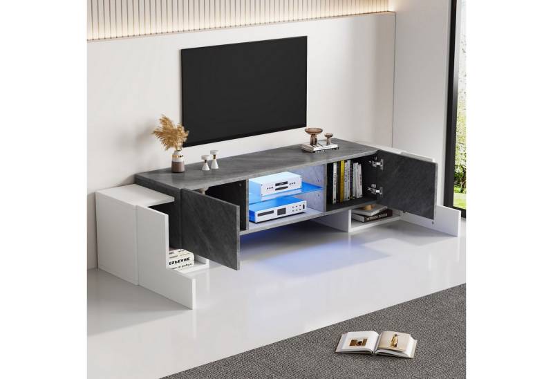 STILVORA Lowboard wohnzimmer weiß+grau,LED TV Schrank mit Glasböden für 55-80 Zoll TVs (Fernsehtisch, TV-Board, Wohnzimmermöbel, 1 St., für 60/65/70-Zoll-Fernsehern), mit Trennwand aus Hartglas von STILVORA