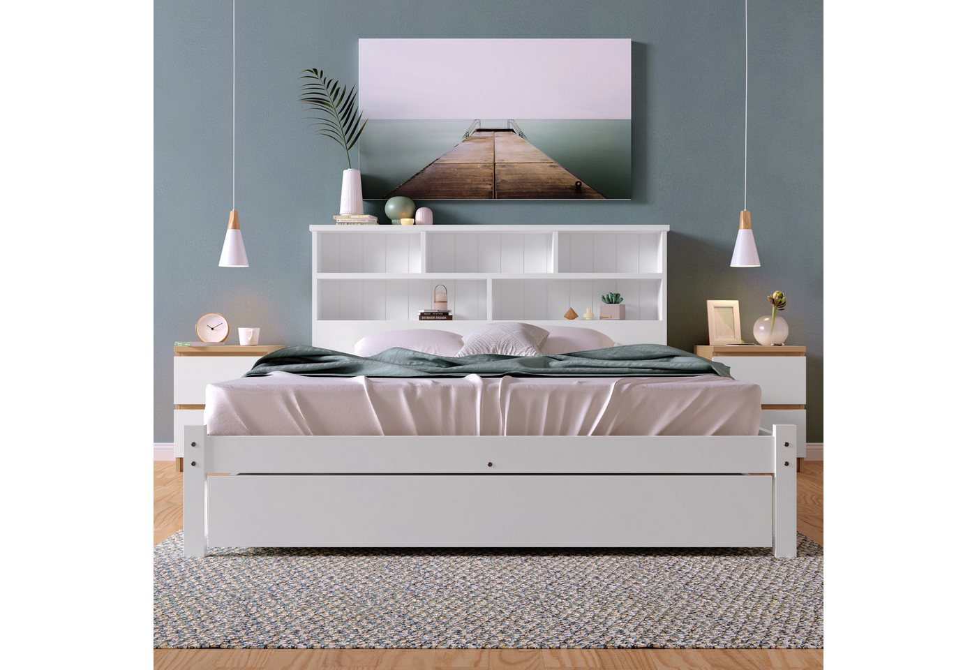 STILVORA Massivholzbett 140×200 mit Ablagefach,Bettgestell Holzbett mit Schublade,Weiß (140x200cm Weiß), mit Schubladen und Lattenrost von STILVORA