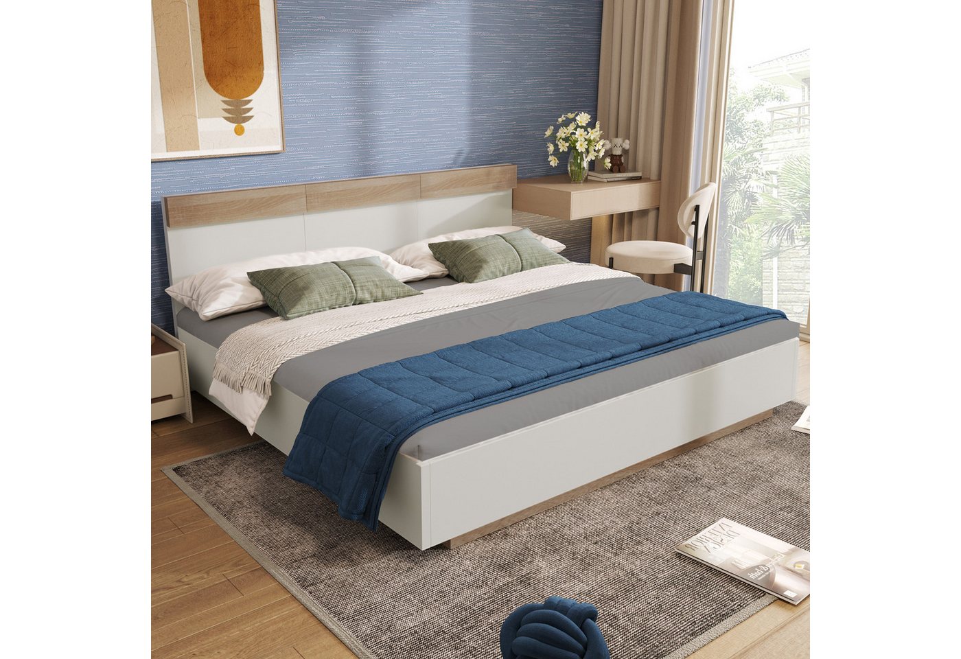 STILVORA Massivholzbett 140×200 mit Lattenrost,Bettgestell Holzbett mit Kopfteil&Matratze (Kiefernholz Doppelbett mit Lattenrost, 205x144x90.5 cm(T/B/H) Set in Eiche Sonoma/Weiß(Ohne Matratze), 140x200cm von STILVORA