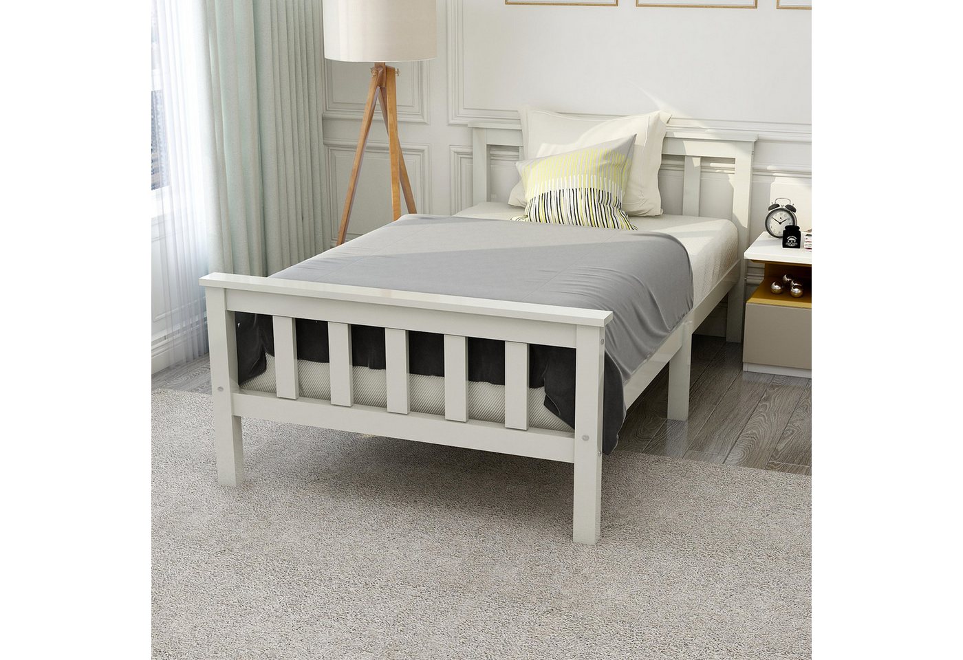 STILVORA Massivholzbett 90×200 mit Kopfteil,Bettgestell Jugendbett mit Lattenrost,Weiß (Ohne Schubladen, Kiefernholz Kiefer Bettgestell, mit Kopfteil Lattenrosten ohne Matratze), 90x200cm von STILVORA