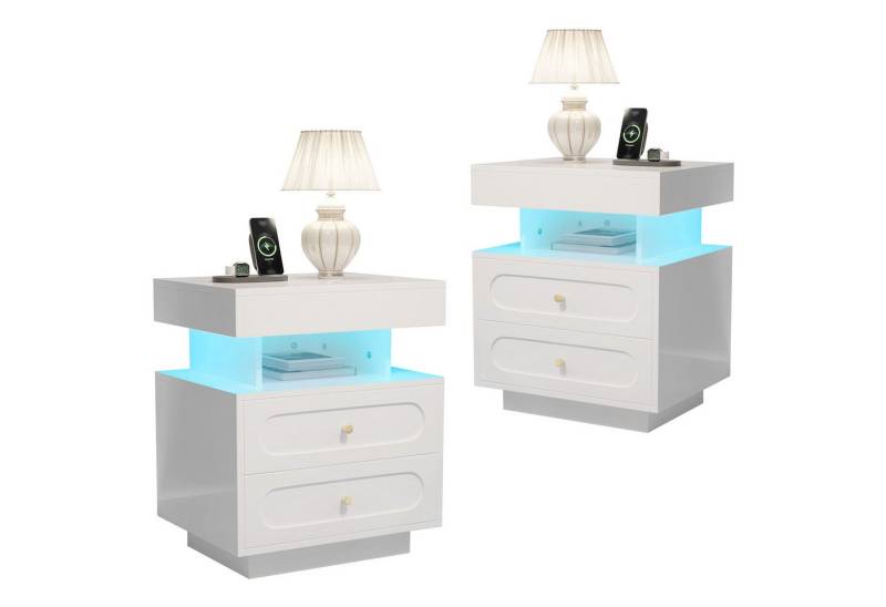 STILVORA Nachttisch mit Lagerraum,2er-Set Nachttisch Nachtschrank mit Schubladen&LED (mit LED-Beleuchtung – Weiß, 2-St., B50/D40/H60 cm) von STILVORA