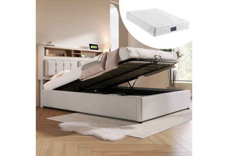 STILVORA Polsterbett 140x200 Bett Jugendbett mit Stauraum,Bettgestell mit USB C Steckdose (Hydraulisches Doppelbett mit USB/Typ-C Ladefunktion), 140 x 200 cm, Inklusive Matratze von STILVORA