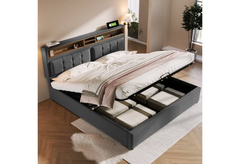 STILVORA Polsterbett 140x200 Bett Jugendbett mit Stauraum,Bettgestell mit USB C Steckdose (Hydraulisches Doppelbett mit USB/Typ-C Ladefunktion), 140x200cm Leinen Ohne Mmtratze von STILVORA