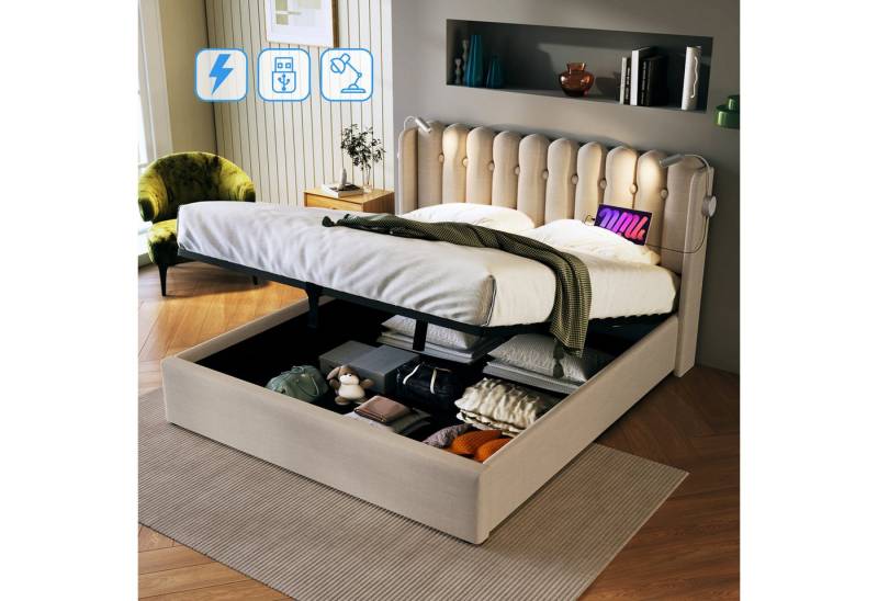 STILVORA Polsterbett 140x200 Bettgestell Jugendbett mit Stauraum,Doppelbett mit Leselicht (Jugendbett), 0 von STILVORA