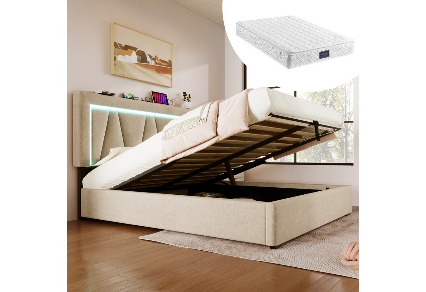 STILVORA Polsterbett 140x200 Bettgestell Jugendbett mit Stauraum,bett mit USB Typ C&LED (140 x 200 cm Inklusive-Matratze), LED Doppelbett + USB/Typ-C Ladefunktion von STILVORA