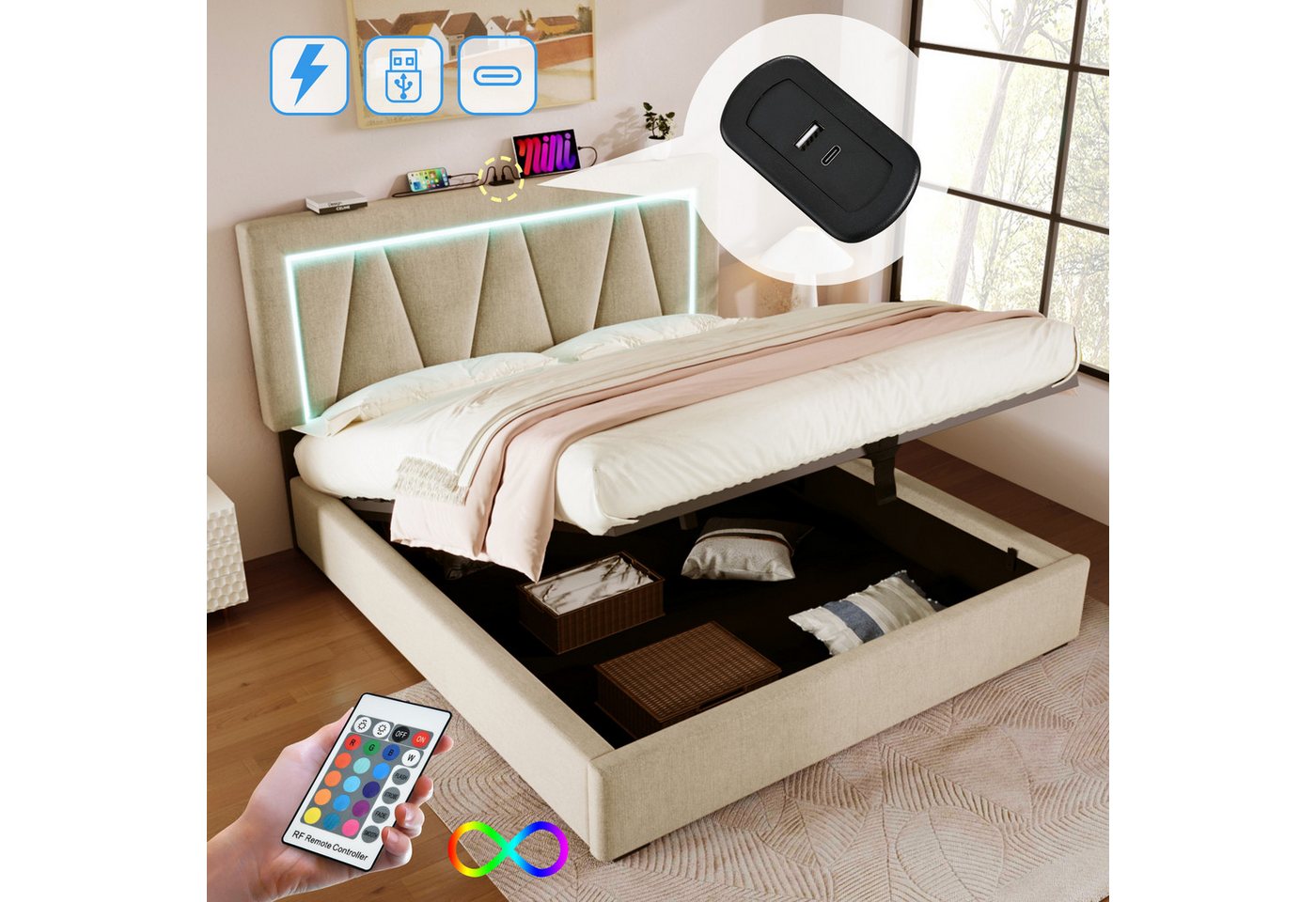 STILVORA Polsterbett 140x200 Bettgestell Jugendbett mit Stauraum,bett mit USB Typ C&LED (140 x 200 cm Ohne Matratze), LED Doppelbett + USB/Typ-C Ladefunktion von STILVORA