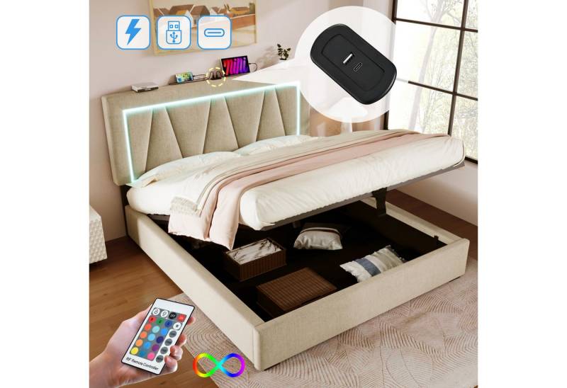 STILVORA Polsterbett 140x200 Bettgestell Jugendbett mit Stauraum,bett mit USB Typ C&LED (140 x 200 cm Ohne Matratze), LED Doppelbett + USB/Typ-C Ladefunktion von STILVORA