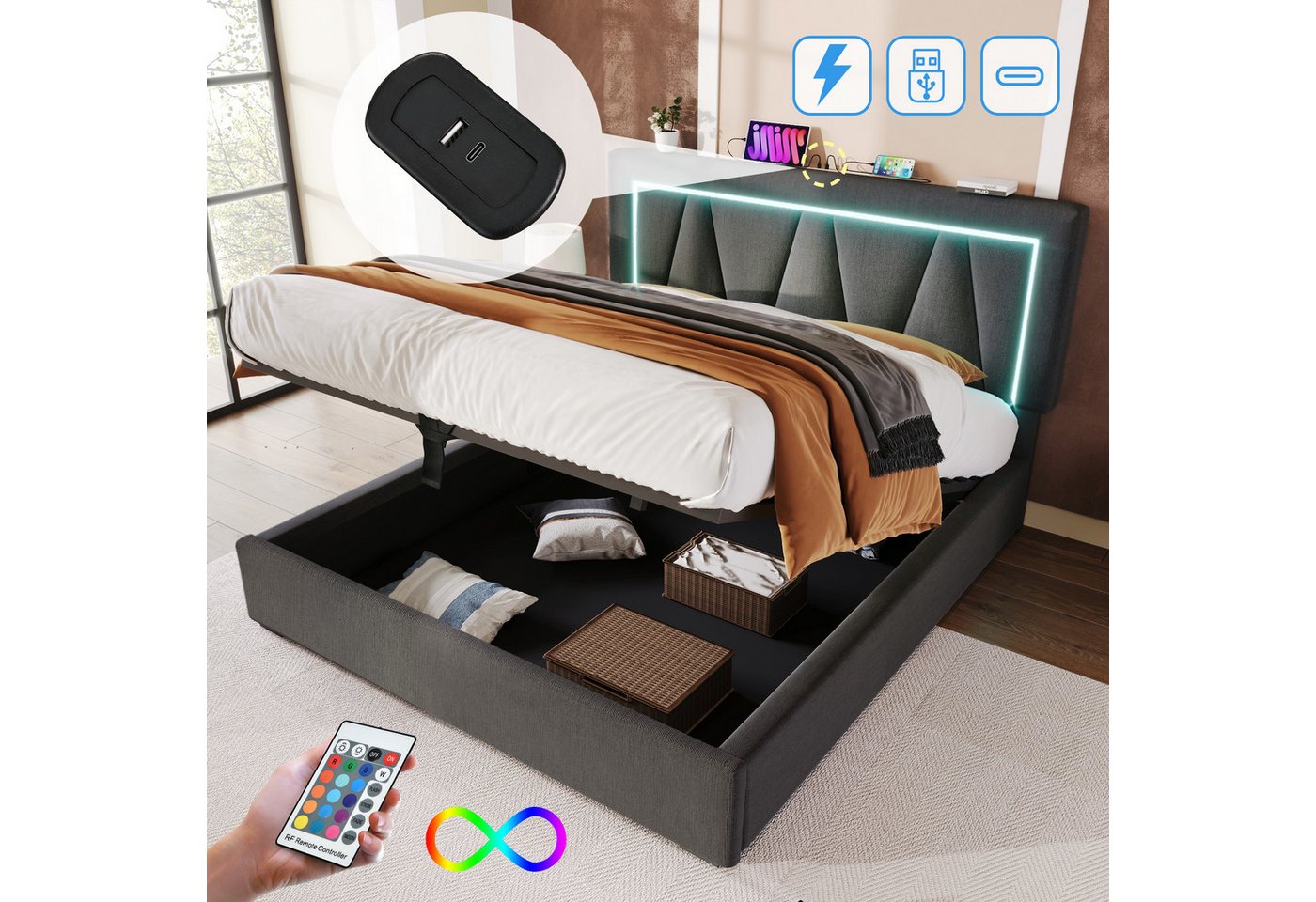 STILVORA Polsterbett 140x200 Bettgestell Jugendbett mit Stauraum,bett mit USB Typ C&LED (140 x 200 cm Ohne Matratze), LED Doppelbett + USB/Typ-C Ladefunktion von STILVORA