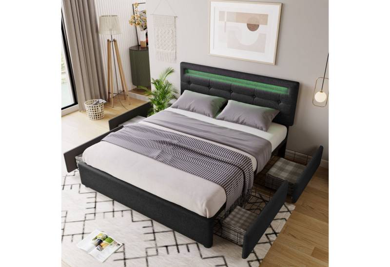 STILVORA Polsterbett 140x200 Bettgestell mit LED,Stauraumbett mit verstellbarem Kopfteil (140x200cm ohne Matratze, 1-tlg., Bettgestell mit LED-Beleuchtung und 4 Schubladen) von STILVORA
