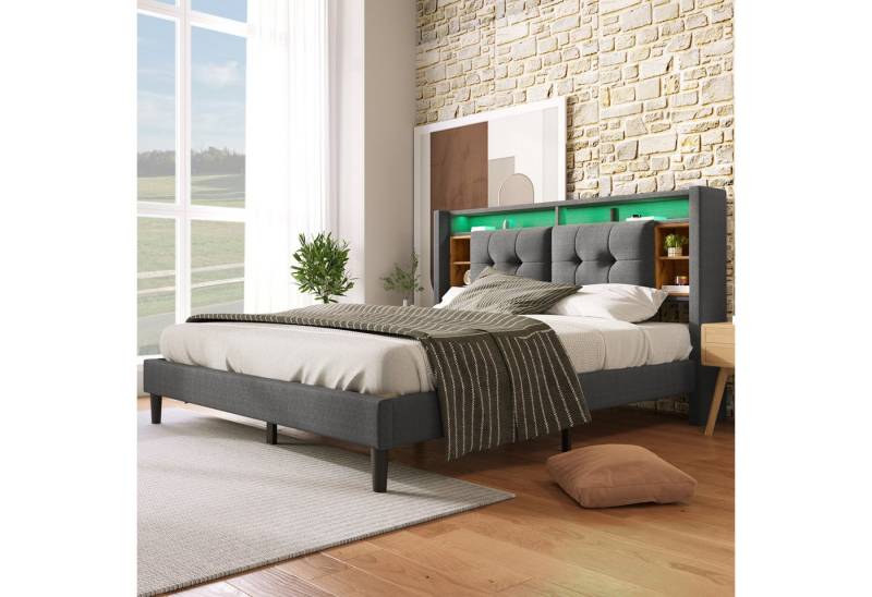 STILVORA Polsterbett 140×200 Bettgestell mit LED-Beleuchtung,Jugendbett mit Stauraum & USB (1-tlg., 140*200CM Grau(Ohne Matratze), Mit LED-Beleuchtung von STILVORA