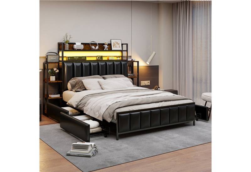 STILVORA Polsterbett 140×200 Bettgestell mit LED & Stauraum,Jugendbett ohne Matratze (mit LED-Beleuchtung und Mehrfach-Ablagefächern, 140x200 cm), ohne Matratze von STILVORA