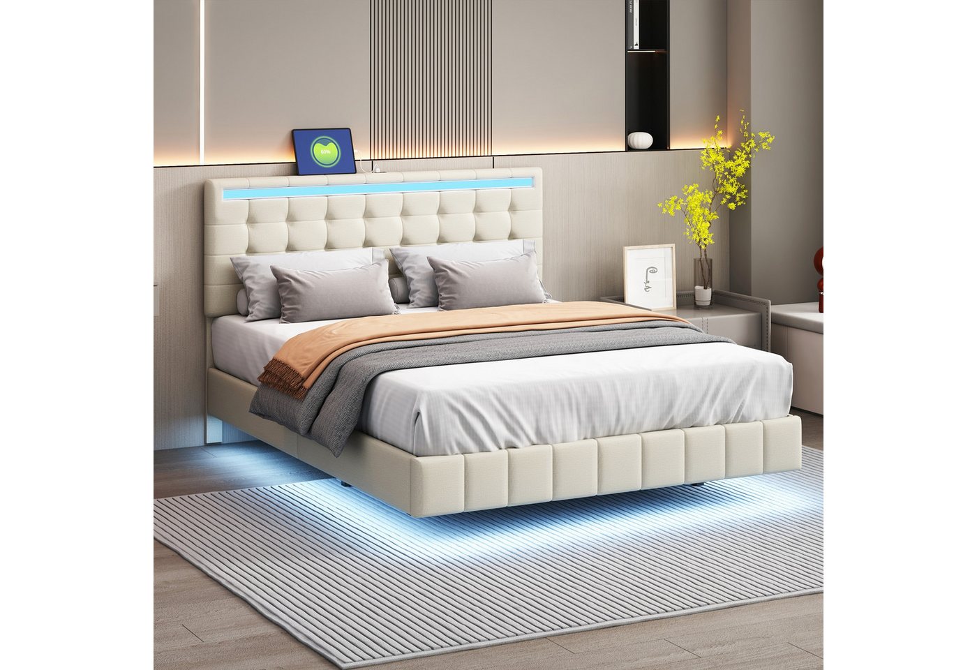 STILVORA Polsterbett 140x200 Bettgestell mit Matratze,Jugendbett mit LED-Beleuchtung (mit LED-Leuchten und Kopfteildesign 140 x 200 cm), Mit Matratze von STILVORA