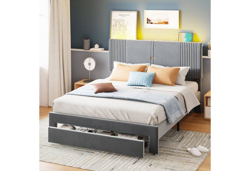 STILVORA Polsterbett 140x200 Bettgestell mit Matratze,Jugendbett mit USB&LED&Stauraum (geeignet für Erwachsene und Jugendliche 140 x 200 cm, Doppelbett, hautfreundliches Doppelbett in Samtstoff), mit Matratze von STILVORA