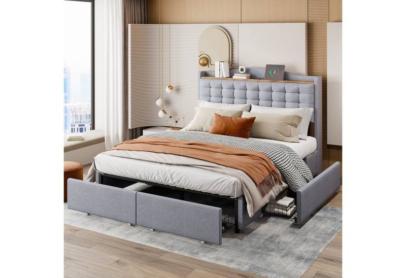 STILVORA Polsterbett 140×200 Bettgestell mit Matratze,bett mit Stauraum & USB-Anschluss (mit 4 Schubladen – elegantes Leinenstoffbett in Beige, ideal für Schlafzimmer und Gästezimmer, 140x200 cm), mit Matratze von STILVORA