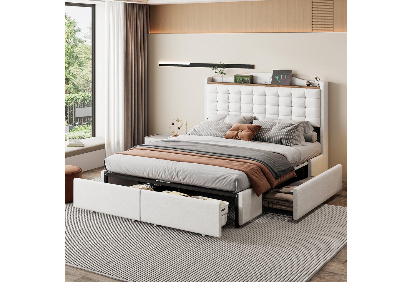 STILVORA Polsterbett 140×200 Bettgestell mit Matratze,bett mit Stauraum & USB-Anschluss von STILVORA