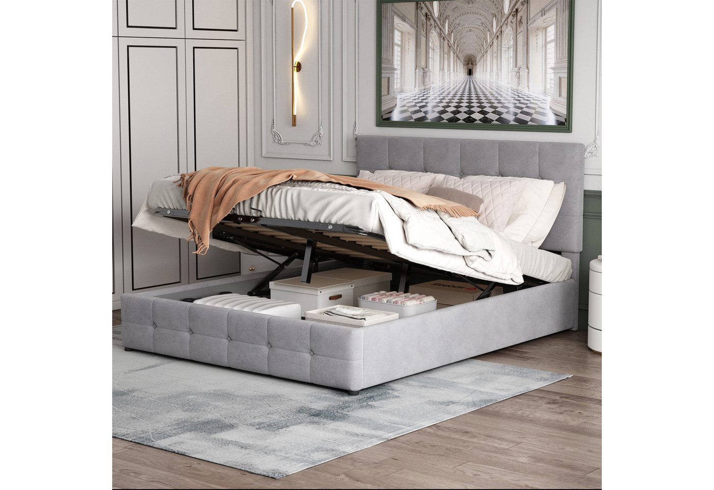 STILVORA Polsterbett 140×200 Bettgestell mit Stauraum&Lattenrost,Jugendbett ohne Matratze (Metalllattenrost, höhenverstellbares Polsterkopfteil), Ohne Matratze von STILVORA