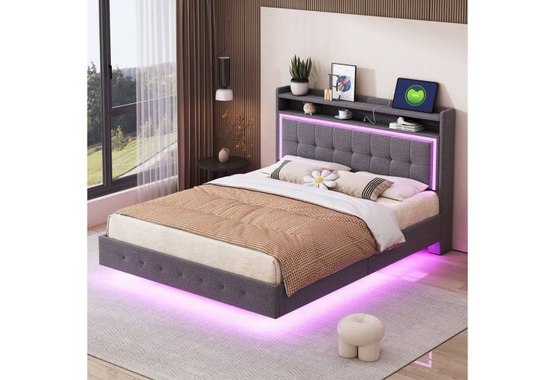 STILVORA Polsterbett 140×200 Bettgestell mit Steckdose,LED-Licht,Jugendbett ohne Matratze (verstecktes Fußdesign, mit USB-Steckdose und LED-Licht, ideal für moderne Jugend und Erwachsenenschlafzimmer 140 x 200 cm), ohne Matratze von STILVORA