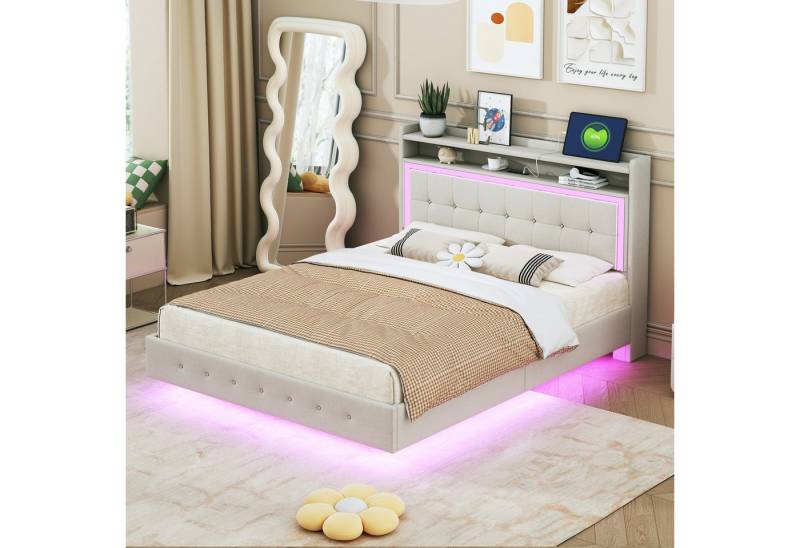 STILVORA Polsterbett 140×200 Bettgestell mit Steckdose,LED-Licht,Jugendbett ohne Matratze (verstecktes Fußdesign, mit USB-Steckdose und LED-Licht, ideal für moderne Jugend und Erwachsenenschlafzimmer 140 x 200 cm), mit Matratze von STILVORA