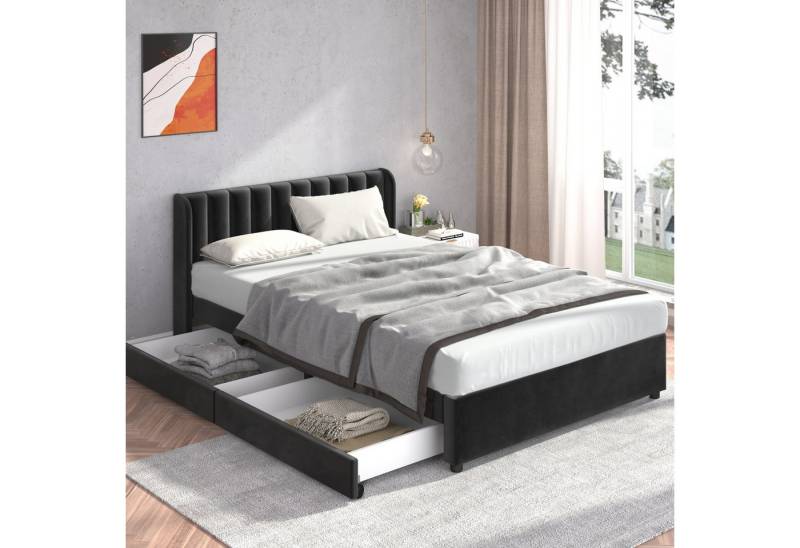 STILVORA Polsterbett 140x200 Doppelbett Bettgestell mit Stauraum,Lattenrost Rückenlehne (140 x 200 cm Samt Mit Lattenrost Rückenlehne 2 Schubladen), Schlichter und stilvoller Samt-Look von STILVORA