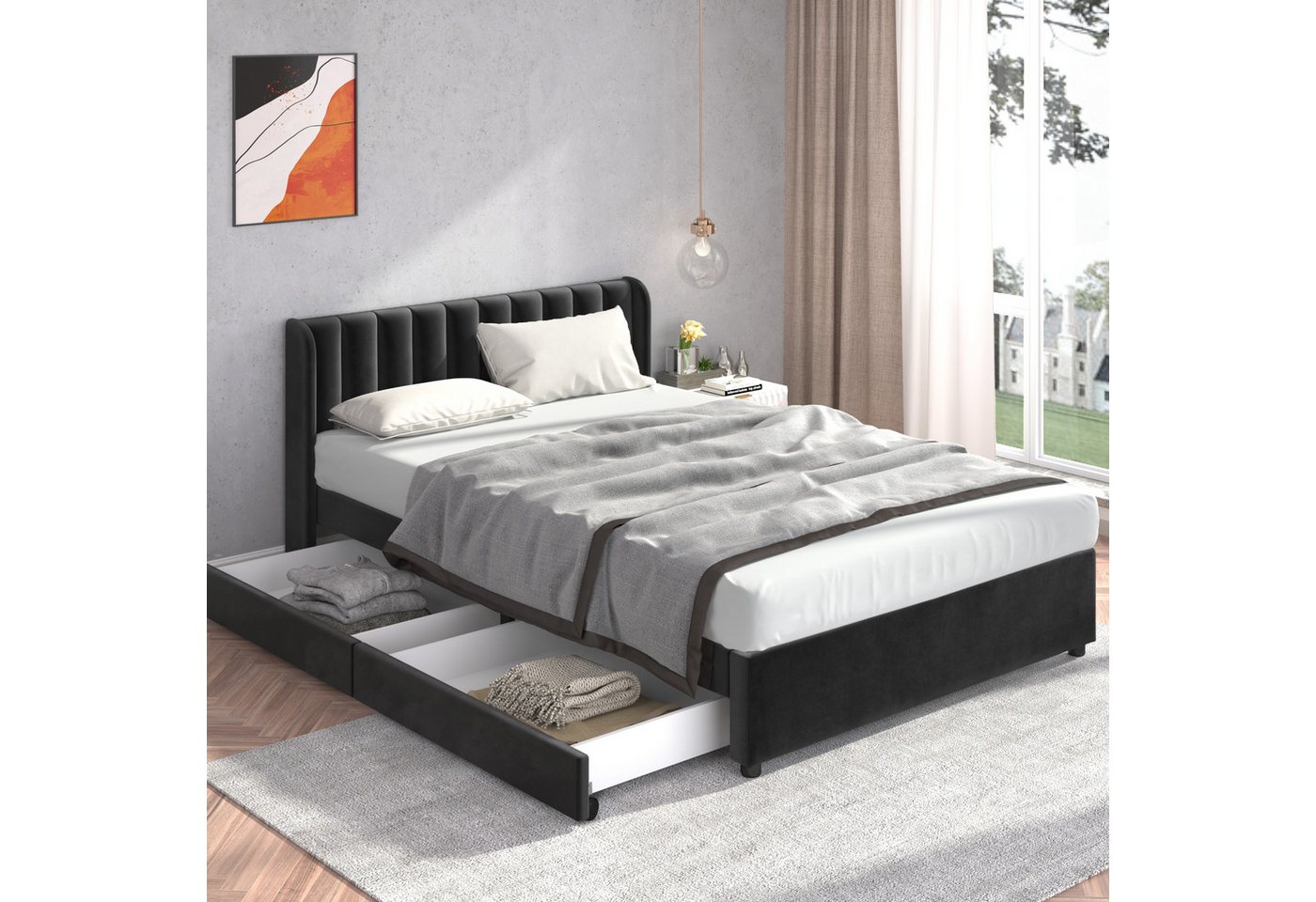 STILVORA Polsterbett 140x200 Doppelbett Bettgestell mit Stauraum,Lattenrost Rückenlehne (140 x 200 cm Samt Mit Lattenrost Rückenlehne 2 Schubladen), Schlichter und stilvoller Samt-Look von STILVORA