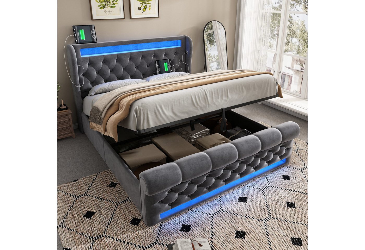 STILVORA Polsterbett 140x200 Doppelbett mit LED,Stauraumkopfteil,USB&TYPE-C,Mit Matratze (Funktionsbett, 140x200cm, ohne Matratze), mit USB- und Typ-C-Anschlüssen, LED-Leuchten von STILVORA