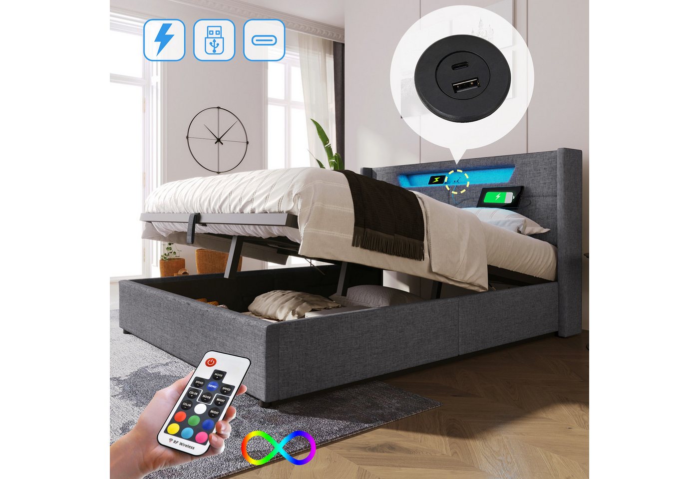 STILVORA Polsterbett 140x200 Doppelbett mit USB Typ C & LED,Jugendbett mit Stauraum, 140 x 200 cm,ohne-Matratze STILVORA Polsterbett 140x200 Doppelbett mit USB Typ C & LED,Jugendbett mit Stauraum, 140 x 200 cm,ohne-Matratze von STILVORA