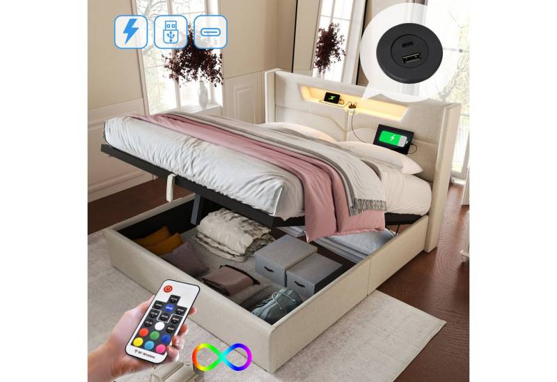 STILVORA Polsterbett 140x200 Doppelbett mit USB Typ C & LED,Jugendbett mit Stauraum, 140 x 200 cm,ohne-Matratze von STILVORA
