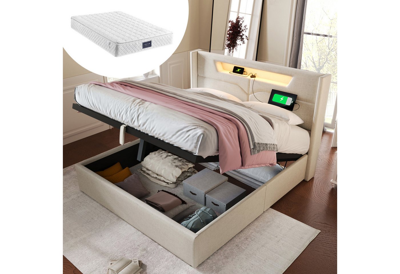 STILVORA Polsterbett 140x200 Doppelbett mit USB Typ C & LED,Jugendbett mit Stauraum, 160 x 200 cm,Inklusive Matratze von STILVORA