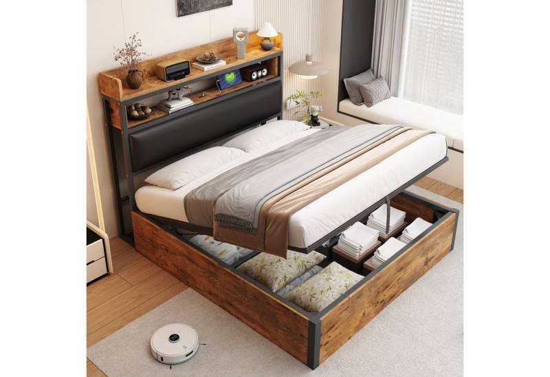 STILVORA Polsterbett 140×200 Funktionbett mit matratze,Holzbett Jugendbett mit Bettkasten (mit hydraulischem Stauraum, USB-Anschlüssen, gepolstertem Kopfteil und Retro-Design aus Holz & Metall, ideal für moderne Schlafzimmer und Apartments 140x200 cm), mit Matratze von STILVORA
