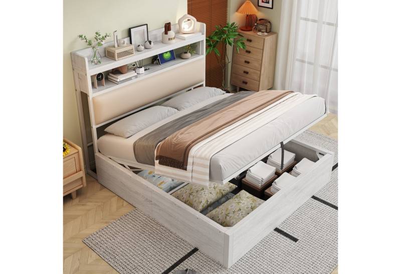 STILVORA Polsterbett 140×200 Funktionbett mit matratze,Holzbett Jugendbett mit Bettkasten (mit hydraulischem Stauraum, USB-Anschlüssen, gepolstertem Kopfteil und Retro-Design aus Holz & Metall, ideal für moderne Schlafzimmer und Apartments 140x200 cm), mit Matratze von STILVORA