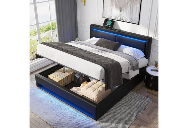 STILVORA Polsterbett 140x200 Funktionsbett Bettgestell mit USB & LED-Beleuchtung &Stauraum (ohne Matratze), mit USB-Anschluss (kabelloses/kabelgebundenes), Verstellbares Kopfteil von STILVORA
