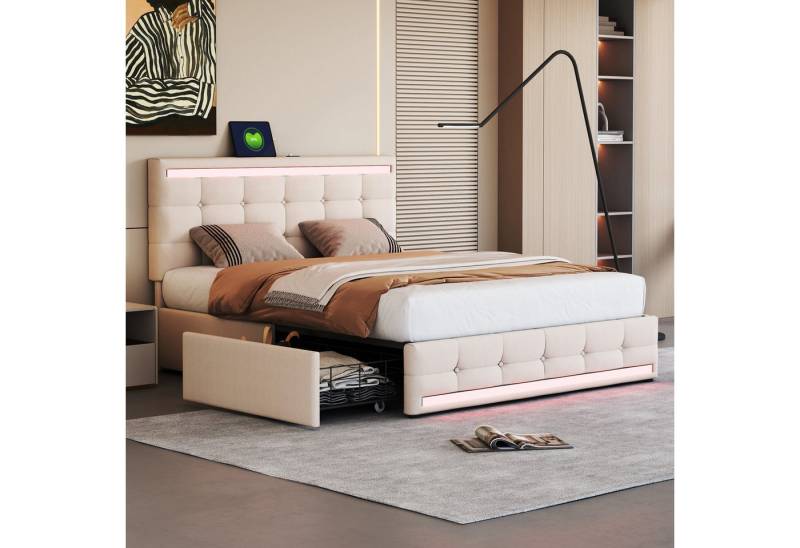 STILVORA Polsterbett 140×200 Funktionsbett mit LED,USB und Stauraum,bett ohne matratze (140 * 200 ohne Matratze, Gepolstertes LED-Bettgestell mit 4 Schubladen und 2 USB-Ladestationen), Gepolstertes Plattformbett mit Stauraum von STILVORA
