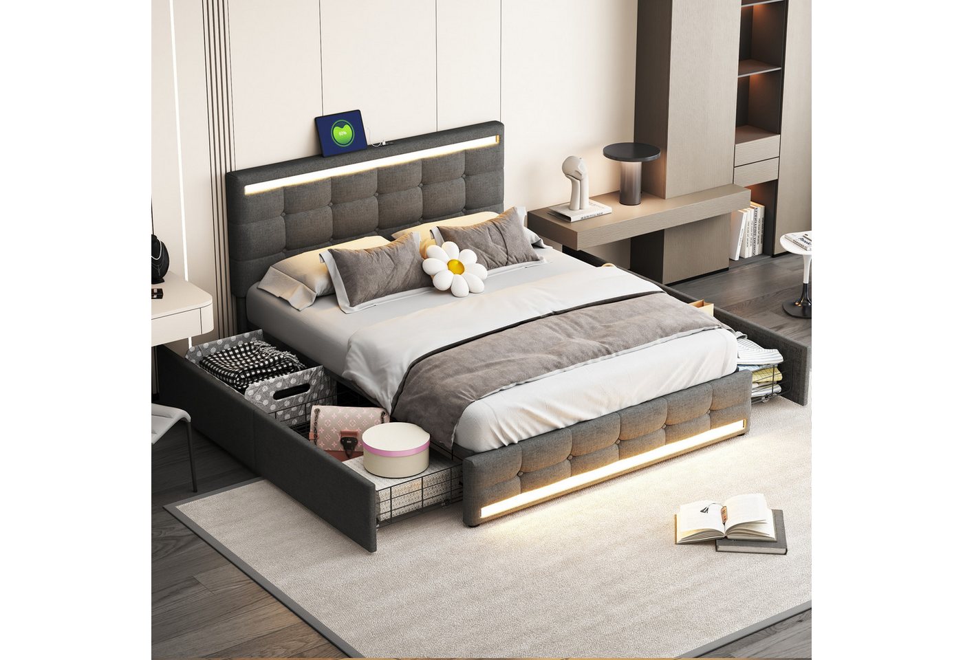 STILVORA Polsterbett 140×200 Funktionsbett mit LED,USB und Stauraum,bett ohne matratze (140 * 200 ohne Matratze, Gepolstertes LED-Bettgestell mit 4 Schubladen und 2 USB-Ladestationen), Gepolstertes Plattformbett mit Stauraum von STILVORA