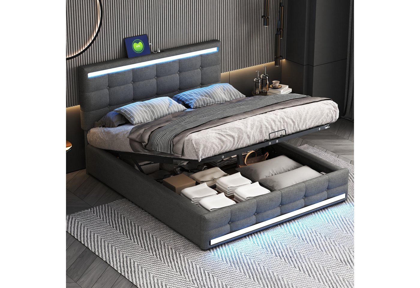 STILVORA Polsterbett 140×200 Funktionsbett mit LED,USB und Stauraum,bett ohne matratze (großer Stauraum aus Leinenstoff Gepolstertes Plattformbet), Bettgestell Kopfteil höhenverstellbar von STILVORA