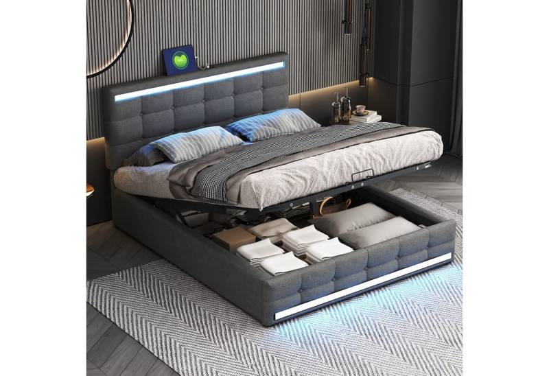 STILVORA Polsterbett 140×200 Funktionsbett mit LED,USB und Stauraum,bett ohne matratze (großer Stauraum aus Leinenstoff Gepolstertes Plattformbet), Bettgestell Kopfteil höhenverstellbar von STILVORA