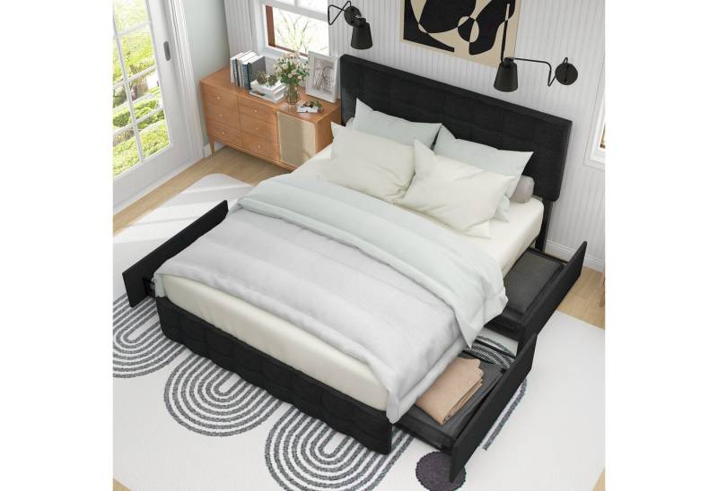 STILVORA Polsterbett 140×200 Jugendbett Doppelbett mit Stauraum & verstellbares Kopfteil (mit 4 Schubladen, Doppelbett mit Lattenrost, Stauraum Bett, Höhenverstellbares Kopfteil & quadratisches Nähdesign), Metalllattenstütze, Leinenmaterial, 140*200 cm von STILVORA