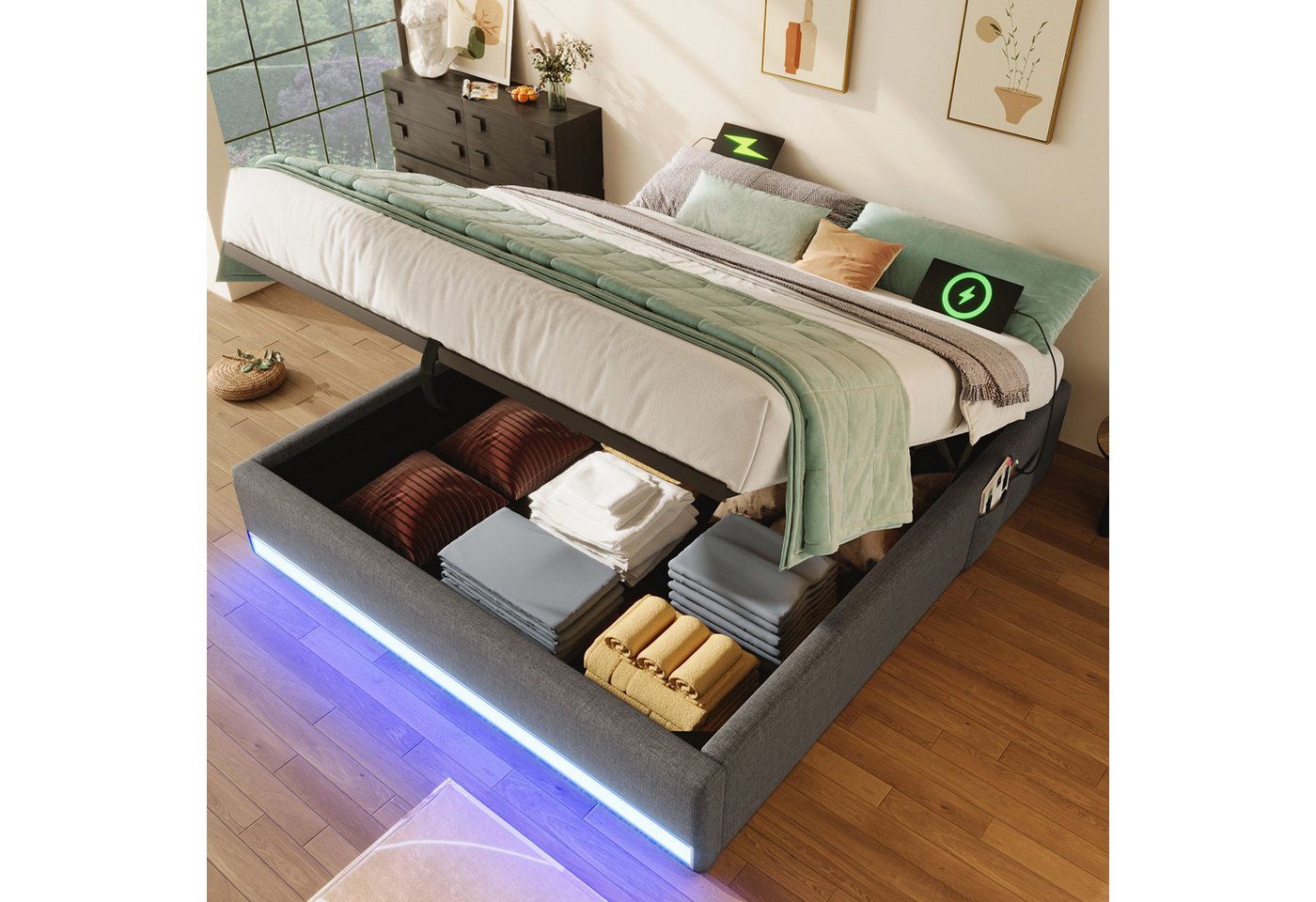 STILVORA Polsterbett 140×200 Jugendbett mit LED&USB,Einzelbett mit Stautasche&Matratze (mit LED-Fernbedienung & USB/Typ-C, Stauraum hydraulisch, 140x200 cm), ohne Matratze von STILVORA