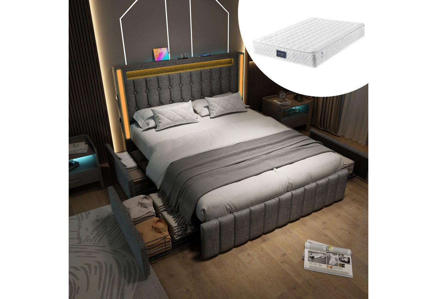 STILVORA Polsterbett 140x200 Jugendbett mit Stauraum, Bettgestell mit USB Typ C & LED (4 Schubladen, mit Matratze), mit USB Typ C Ladefunktion und LED-Beleuchtung,140x200cm von STILVORA