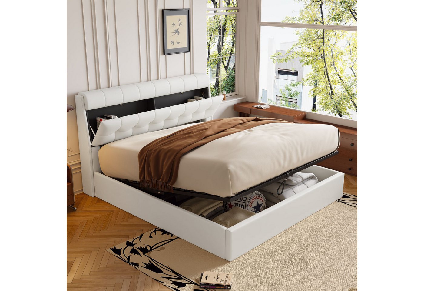 STILVORA Polsterbett 140×200 Polsterbett Funktionsbett mit verdeckt Kopfteilablage&Stauraum (Polsterbett mit Lattenrost, 140*200cm), mit verdeckte Kopfteilablage, Bettkastenablage von STILVORA