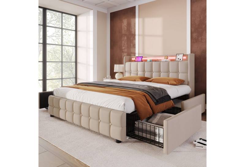 STILVORA Polsterbett 140x200 Stauraumbett Bettgestell Jugendbett mit LED-Beleuchtung & USB (140 x 200 cm mit aufladen USB Ladefunktion Kopfteil und 4 Schubladen, Stauraumbetten Bettgestell Ohne Matratze), Stauraumbetten Bettgestell von STILVORA